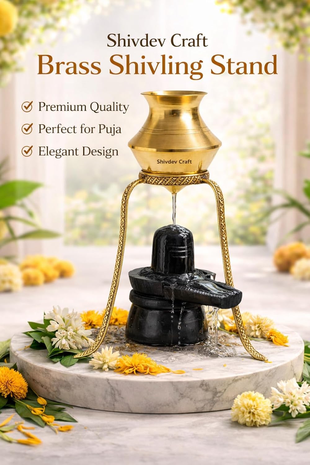 Brass Shivling Jalabhishek Stand, Traditional Design, Gold, Decorative Hindu Puja Ritual Item with Brass Puja abhishekam Kalash