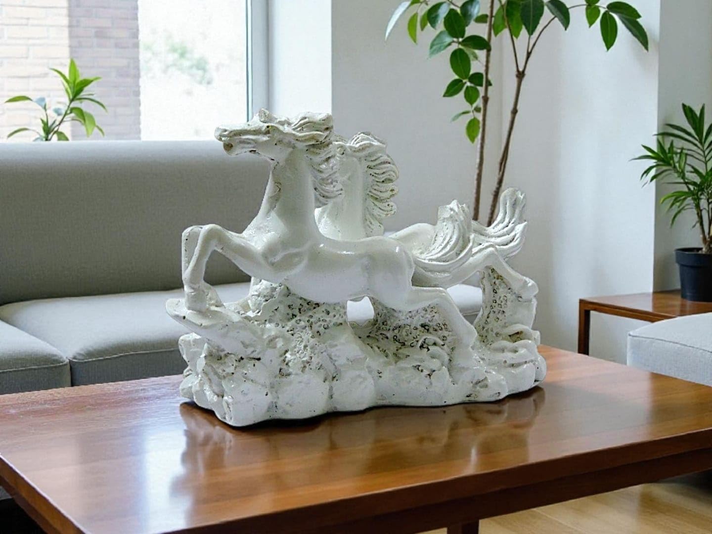 Two Running Victory Horses Statue Showpiece – Decorative Horse Figurine Sculpture for Home &amp; Office Décor – Lucky Feng Shui &amp; Vastu Horse Accent for Living Room, Tabletop &amp; Shelf Display (White)