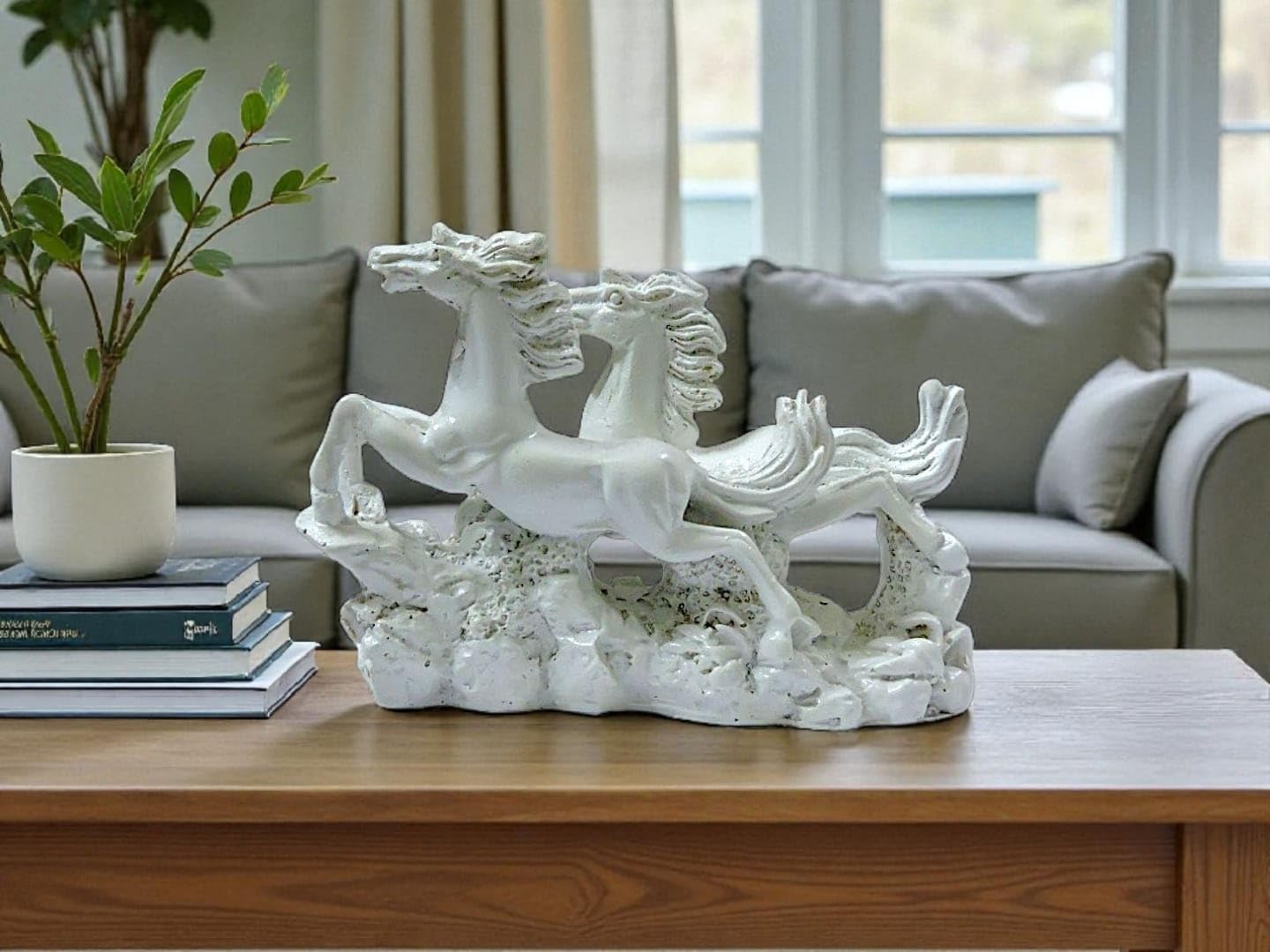 Two Running Victory Horses Statue Showpiece – Decorative Horse Figurine Sculpture for Home &amp; Office Décor – Lucky Feng Shui &amp; Vastu Horse Accent for Living Room, Tabletop &amp; Shelf Display (White)
