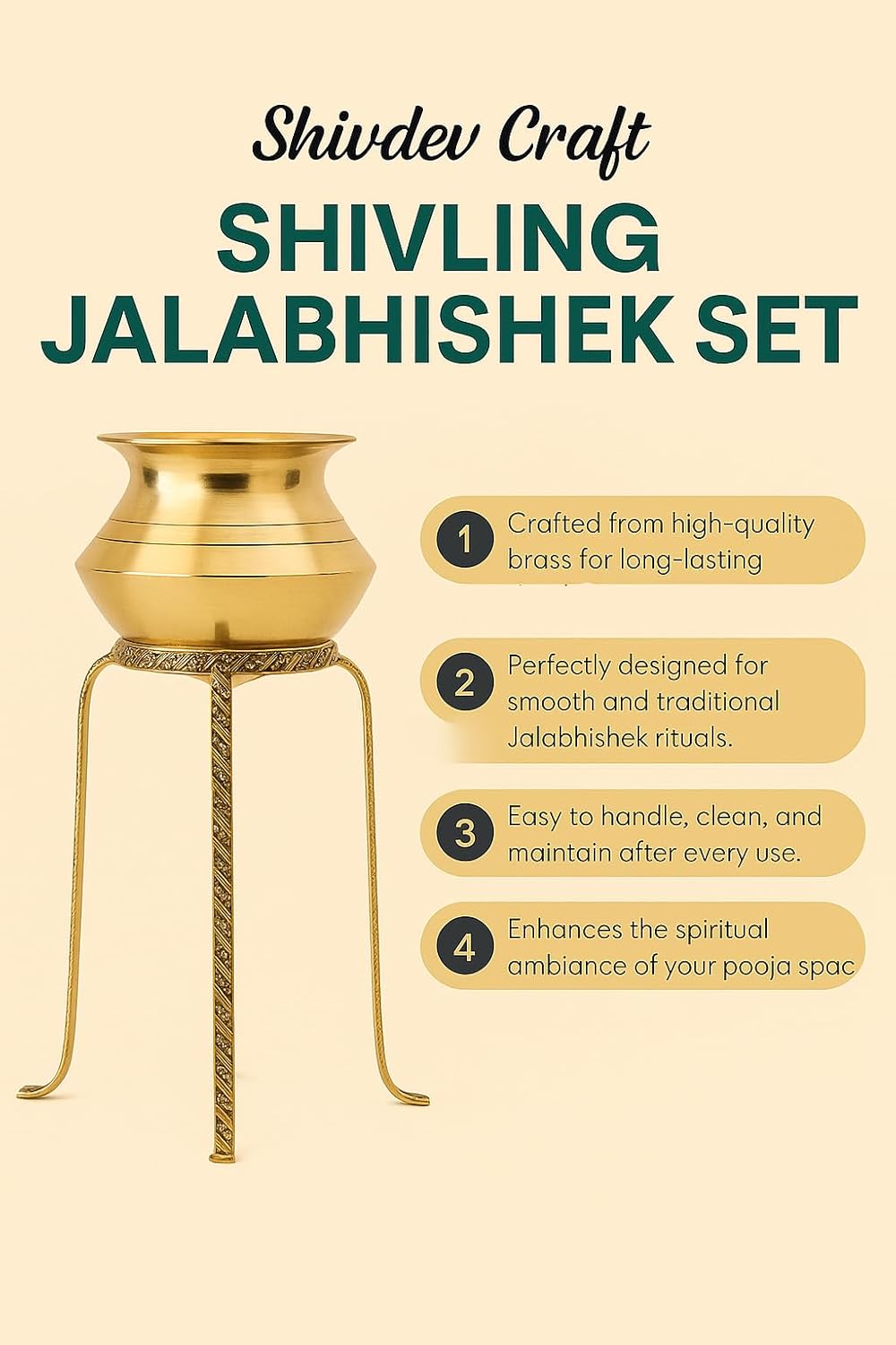 Brass Shivling Jalabhishek Stand, Traditional Design, Gold, Decorative Hindu Puja Ritual Item with Brass Puja abhishekam Kalash